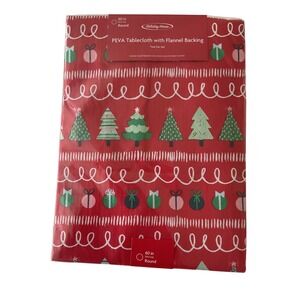 Holiday Home Red Christmas Tree Gift Wrap Round PEVA Tablecloth 60 Inch